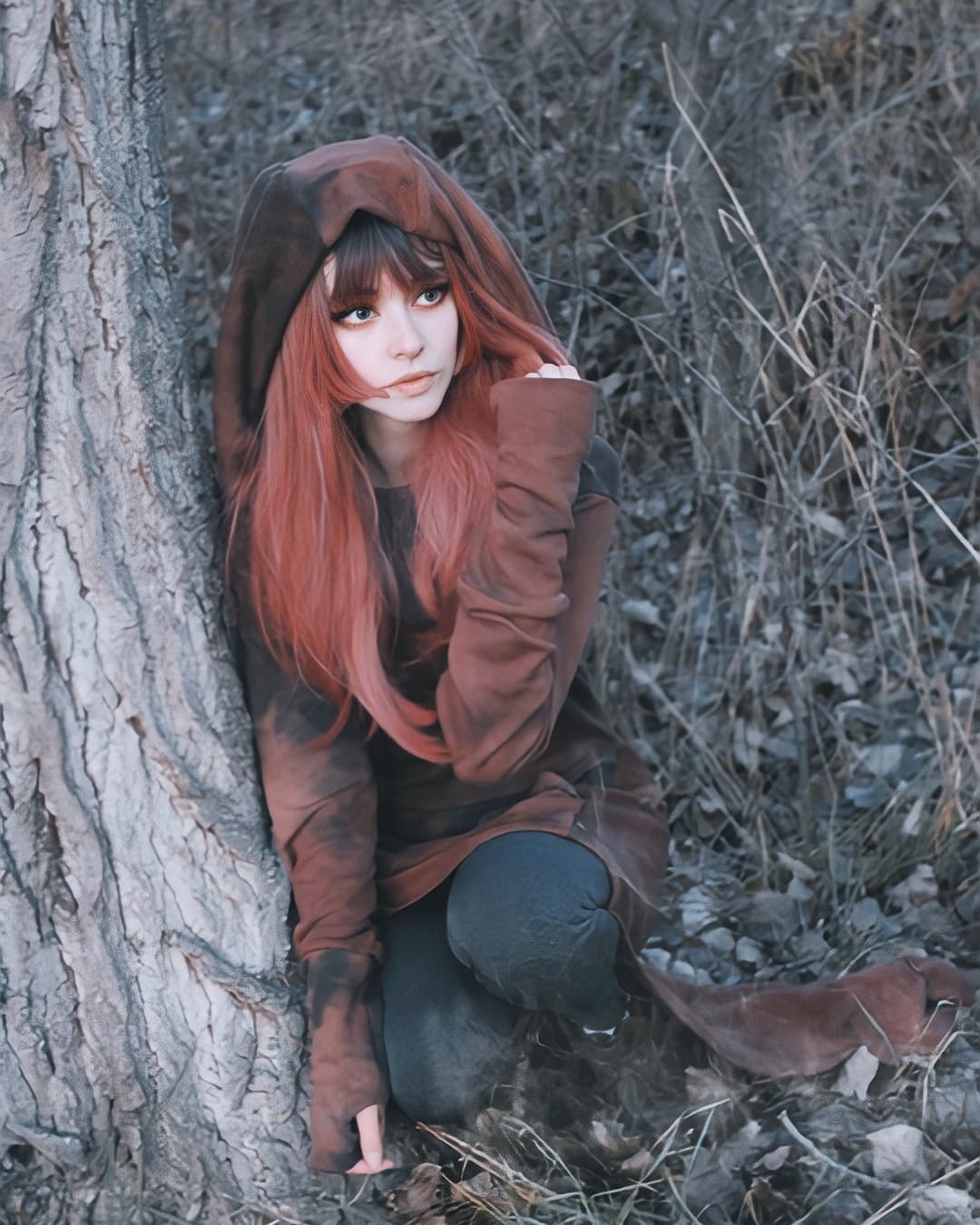 the image shows a young woman with long, vibrant red hair and bangs, wearing a brown hooded cloak with a tiedye effect. she is kneeling in a wooded area, next to a large tree trunk,  her expression is pensive and thoughtful. the overall atmosphere is dark, moody, and mysterious, suggesting a fantasy or cosplay setting. the autumnal surroundings and the style of clothing contribute to the evocative and atmospheric mood of the portrait. the lighting is soft and diffused, accentuating the subject and the natural setting.