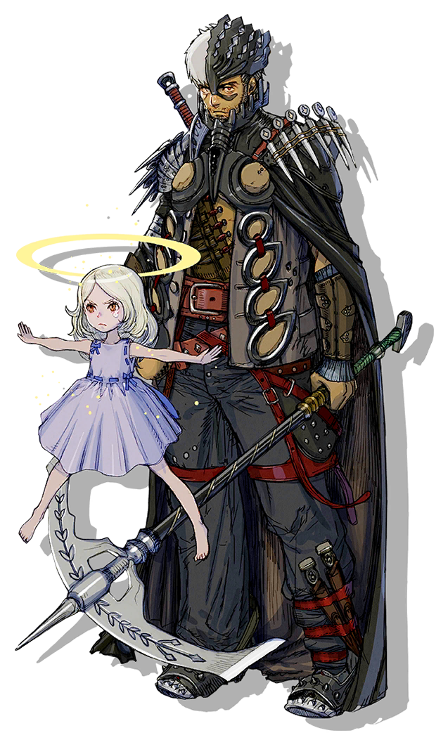 the image showcases a character design against a stark black background. a tall, imposing warrior with a scarred face and a metal mask stands protectively behind a small, ethereal girl. the warrior is clad in dark, heavy armor and wields a large, menacing axe. he has a weathered appearance, suggesting experience in battle.  the girl, in contrast, is delicate and angelic, with flowing white hair, a simple white dress, and a golden halo floating above her head. the stark contrast between the two figures creates a powerful and intriguing visual dynamic.