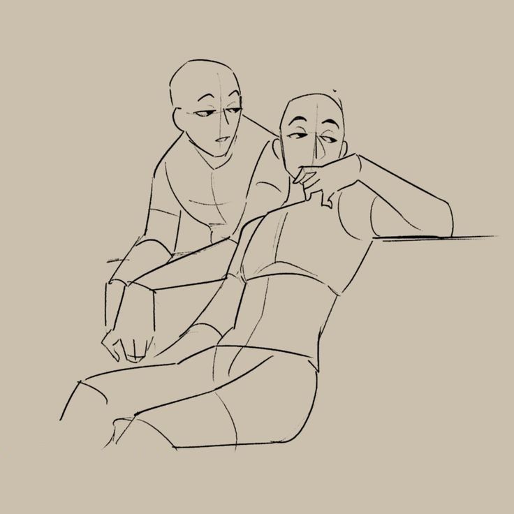 a line art drawing of two people sitting. the person on the left is leaning on the person on the right, who is leaning back with their arm resting on a surface.