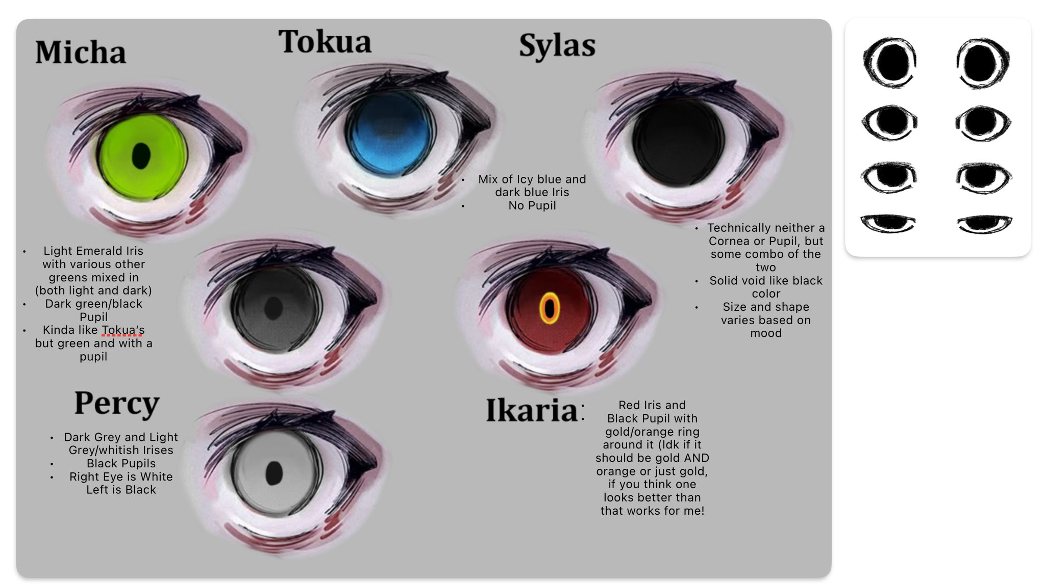 the image is a character eye color chart showcasing various unique eye designs for different characters named micha, tokua, sylas, percy, and ikaria. each character's eye color and specific characteristics are described, such as micha having a light emerald iris with a dark green/black pupil, tokua with a mix of icy and dark blue iris without a pupil, sylas with a solid black void for the pupil/cornea, percy with dark grey/light grey irises and black pupils, and ikaria with a red iris, black pupil, and a gold/orange ring around the pupil. additionally, there is a collection of eyes with various shapes and sizes of black pupils displayed on the right side of the image.
