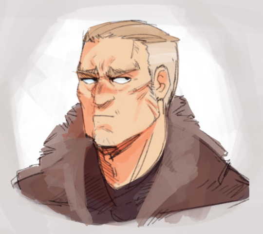 a digital art illustration of a man with short gray hair and a beard, wearing a brown leather jacket with fur collar. he has a serious, almost angry expression on his face, and his eyes are narrowed. he looks like he is ready to start an argument.  the man is illustrated in a cartoon style. the background is white.