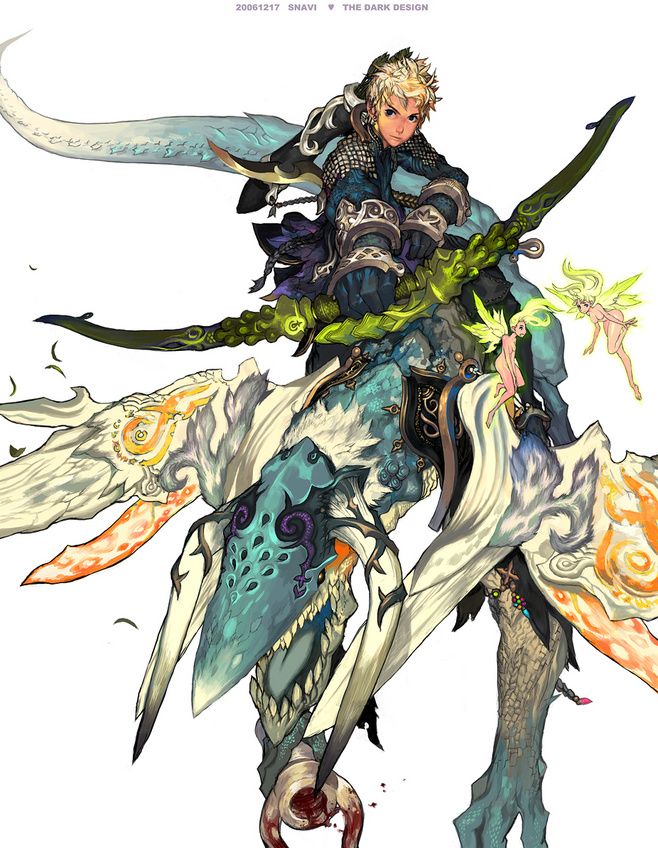 the image showcases a male character concept, likely for a fantasy game, centered on a white background.  he has blond hair and wears teal and brown armor while wielding a large ornate bow. he's mounted on a fantastical creature with a teal head, bony protrusions, and large wings that blend bone and clothlike textures.  two small fairies with butterfly wings, one blue and one yellow, flank the creature's head. the archer is positioned dynamically, suggesting motion, as if he's about to fire his bow. the overall style is reminiscent of korean fantasy art,  with an emphasis on detailed linework and vibrant color.