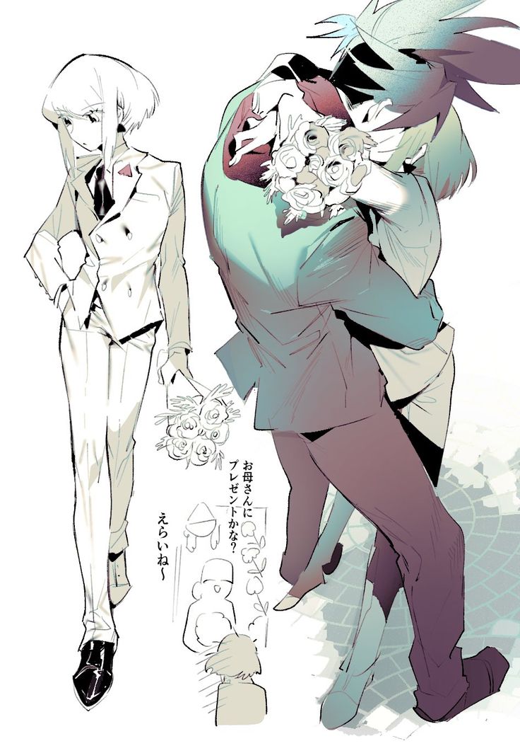 he image is a digital drawing or illustration featuring two animestyle characters. one character is dressed in a white suit, holding a bouquet of roses, while the other is in a teal suit and is embracing the first character.  the style is soft, elegant, and romantic, suggesting a wedding or similar celebratory event.  the artwork is detailed, with careful attention to clothing folds, poses, and expressions. there are also small sketches in the lower part of the image, possibly showing design elements or ideas.  the overall mood is happy and loving.