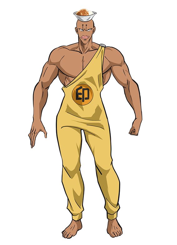 this is an anime style illustration of a muscular, bald male character wearing a yellow jumpsuit and overalls with a bowl of food balanced on his head.