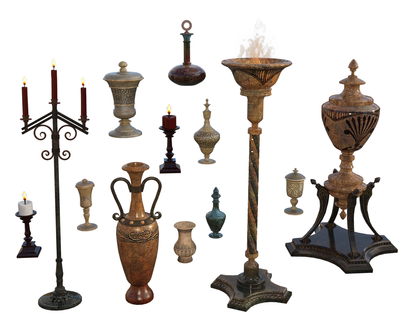 an assortment of antiquelooking stone and metal candle holders and vessels of various styles, sizes, and designs are set against a dark background. several candles are lit, adding warmth to the scene.