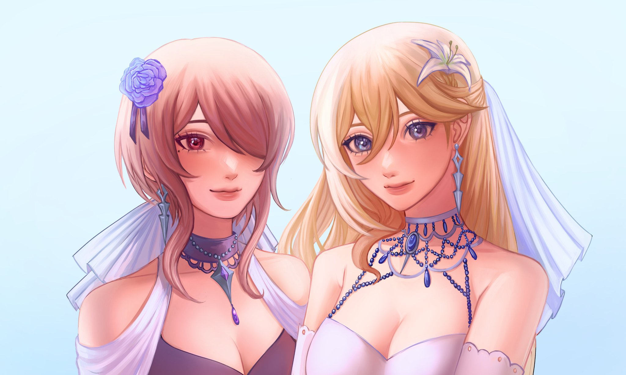 this is a digital artwork of two anime girls. they both have long hair and are dressed in beautiful white dresses. the girl on the left has pink hair, a blue flower in her hair, and is wearing a black choker with a purple gem pendant. the girl on the right has blonde hair, a white flower in her hair, and a blue necklace with a large blue gem pendant. they both have beautiful smiles on their faces and seem very close.