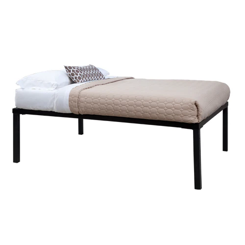 a simple black metal bed frame with a twin size mattress on top. the mattress is covered with a beige fitted sheet and a white top sheet. a brown and white patterned pillow rests at the head of the bed. the bed is set against a white background.