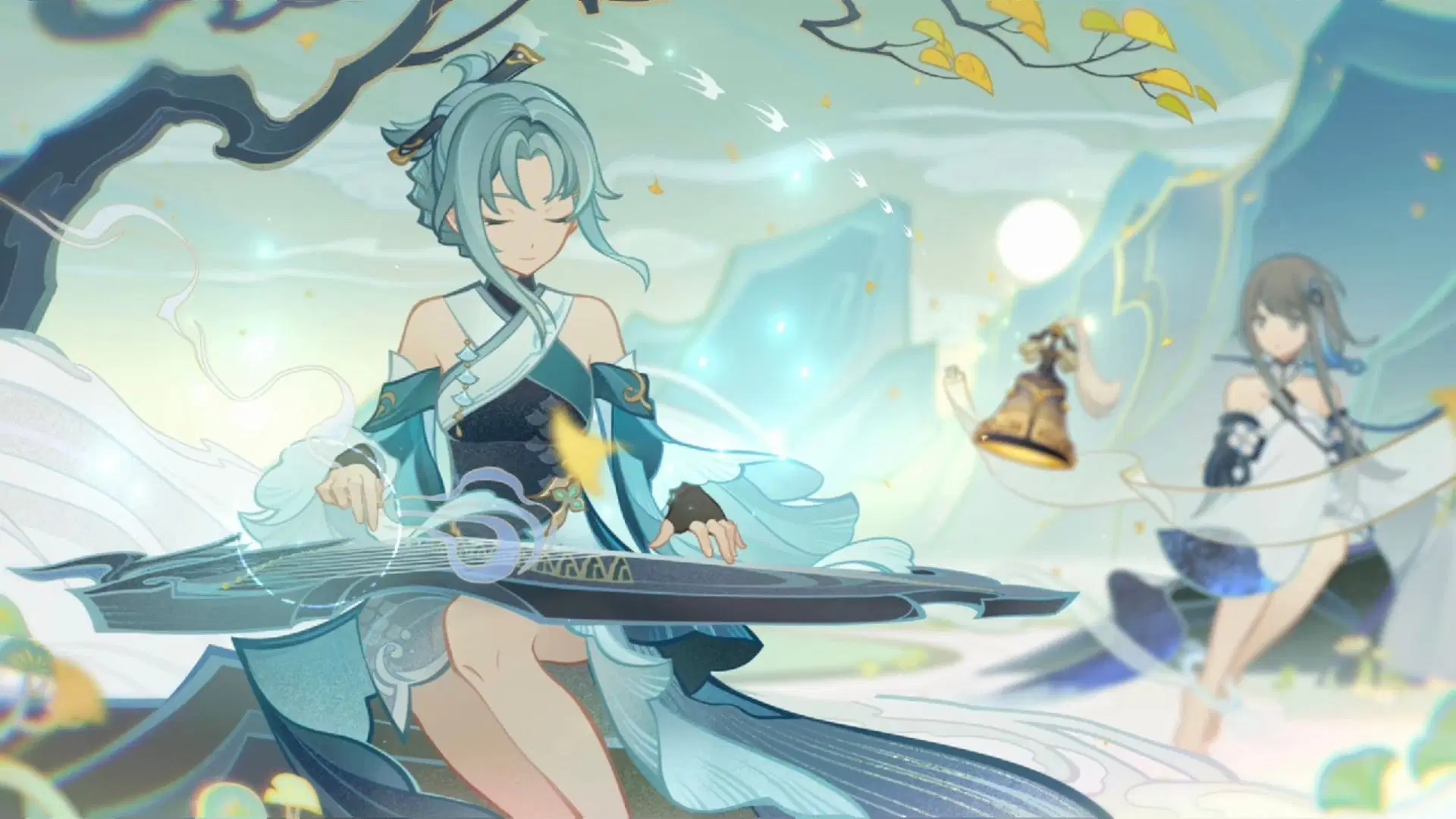 the image is a beautiful and whimsical depiction of two animestyle characters. the first is playing a guqin, a traditional chinese zither, while the second is in a delicate white dress, possibly a fairy or spirit, and she is standing in front of a bell that appears to be floating. both figures are surrounded by beautiful scenery, including a blue sky, white clouds, lush green foliage, and a distant mountain. the composition of the image is dynamic, drawing the eye to the center where the guqin player is sitting, while the background elements add to the overall sense of magic and wonder. the image's color palette is also noteworthy, featuring a blend of soft blues, greens, and whites that evoke a sense of tranquility and peace.