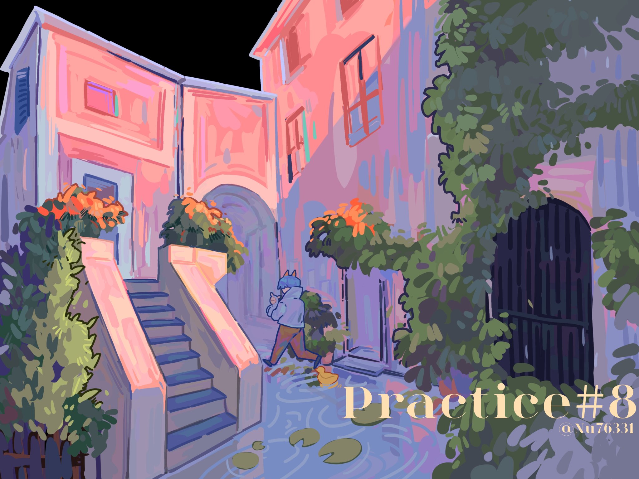 this image is a digital illustration of a whimsical and colorful cityscape. the scene is set in an alleyway with two buildings on either side. the buildings are painted in soft pink, purple, and blue hues, with whimsical details like flowers and windows. the alleyway is lined with lush green plants and trees, creating a sense of depth and perspective. in the foreground, a cartoonish character with blue hair and a blue jacket is walking through a puddle, leaving behind a trail of yellow ducklings. the scene is lit by a soft, golden light, creating a warm and inviting atmosphere.  the words "practice #8" appear on the bottom right corner of the image.