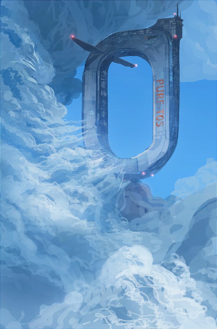 the image shows a large, futuristic structure resembling a giant letter "o" standing upright in the sky. there are what appear to be red lights at various points around the structure. two flying objects resembling ships are shown to the left of the structure, seemingly flying away. the structure itself says "puretos" along its length, with the word "year" above it. the lower half of the image shows a large mass of white and light blue clouds, almost entirely obscuring the background. the background itself appears to be a gradient of light blue.