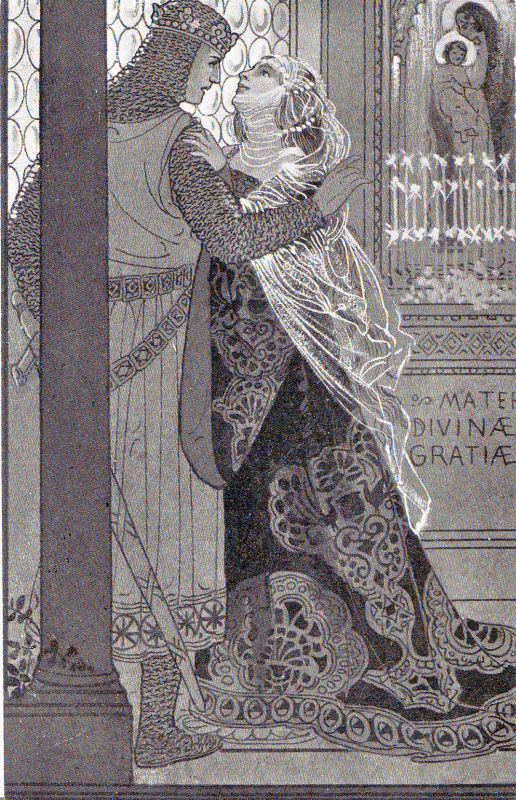 a grayscale image depicts a knight in full armor embracing a woman wearing an elaborate gown and head covering. they stand near a column and a stained glass window, with a sword visible near the knight.