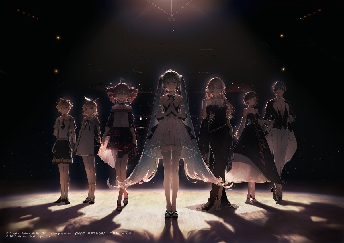 an animestyle image depicting the vocaloid characters hatsune miku, kagamine rin, kagamine len, kasane teto, megurine luka, meiko, and kaito standing on a dimly lit stage. they are dressed in formal attire, with spotlights illuminating them. the lighting creates long shadows, emphasizing the dramatic atmosphere of a performance or concert setting.