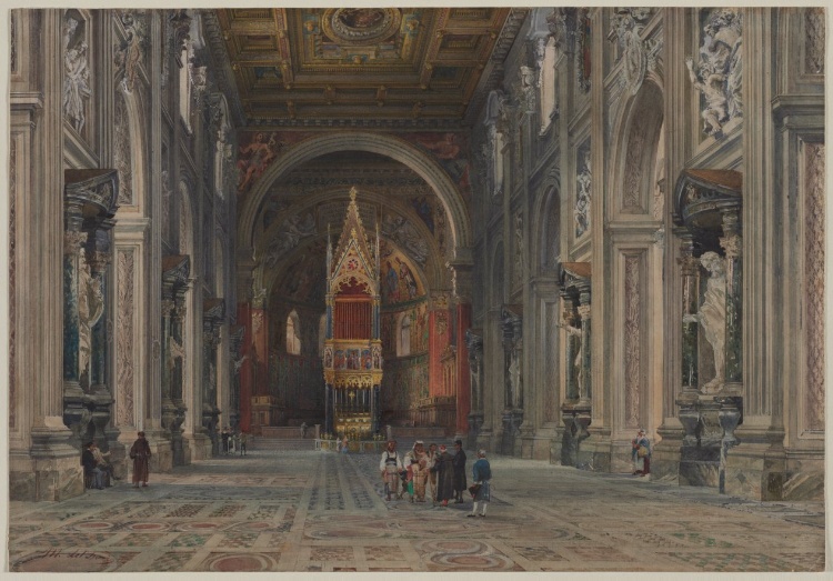 the image is a watercolor painting depicting the interior of a grand cathedral or basilica. the architecture is characterized by tall pillars, ornate arches, statues lining the walls, and a vaulted ceiling decorated with intricate designs and what appears to be mosaics. the floor is covered in a patterned design, possibly made of stone or marble. in the center of the composition is an elaborate pulpit or altar. several people are visible, including what seem to be tourists and religious figures. the artistic style appears to be detailed and realistic, capturing the grandeur and historical atmosphere of the scene. the symmetry and perspective in the painting contribute to the sense of depth and scale.