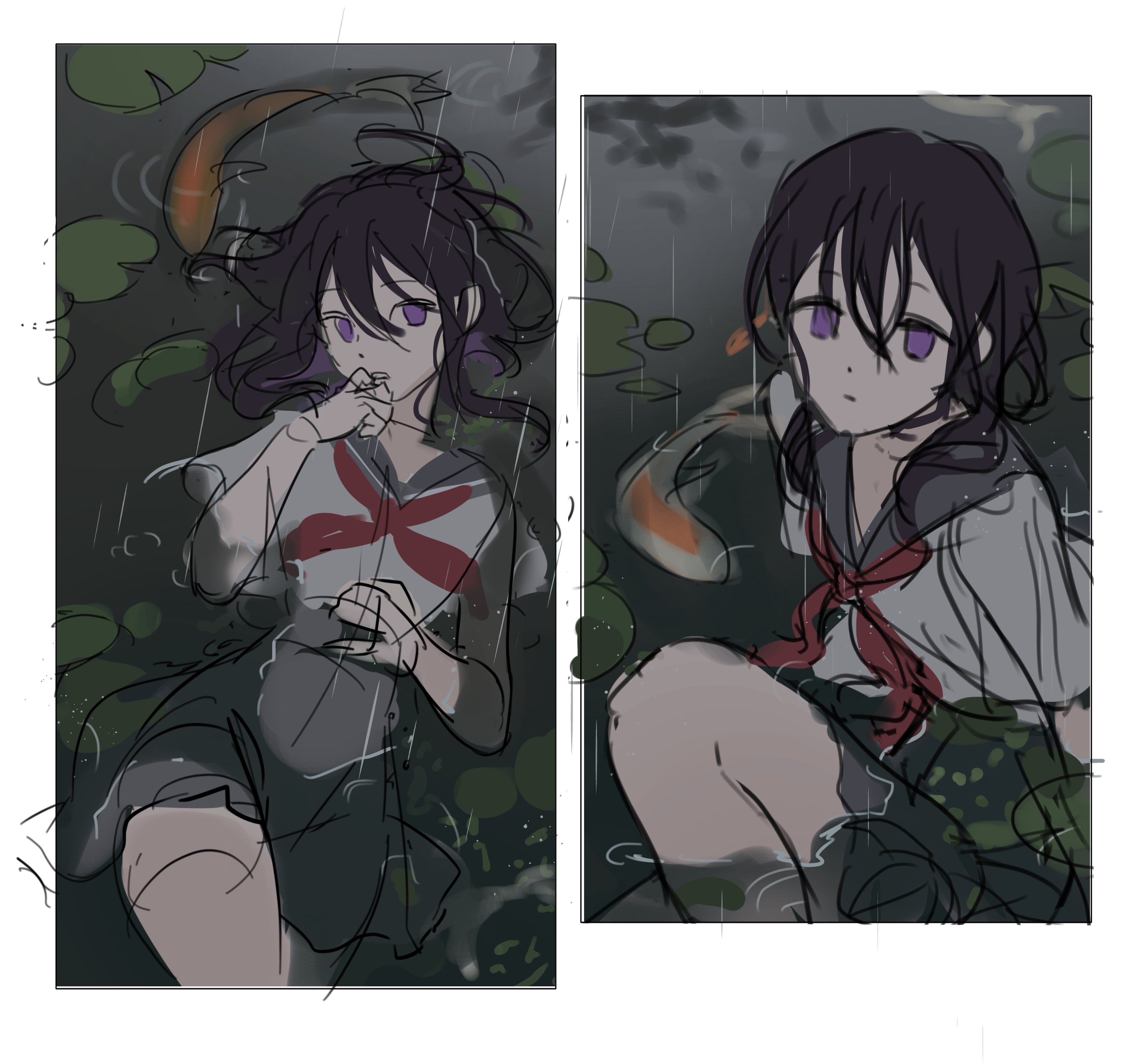 the image is a digital artwork featuring two versions of an animestyle girl.  she has dark purple hair, and is wearing a school uniform which resembles a sailor uniform, with a red neckerchief. she appears to be floating in a dark pond or body of water at night, with koi fish swimming around her, and lily pads visible on the surface. rain is falling. the mood is melancholy and slightly mysterious. one panel shows a more complete sketch and a second panel has more detail.  the artwork has soft, painterly shading and is reminiscent of manga or anime style.