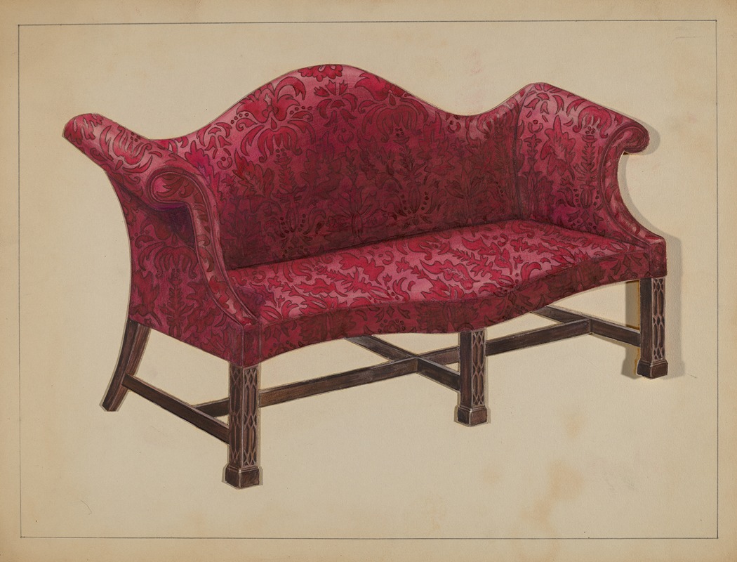 a drawing of a red damask sofa with dark wood legs.