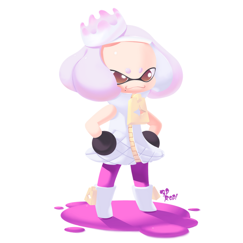 this is a digital drawing of a fictional anime style squid girl in a white dress, pink pants and white boots. she has a white and purple crown on her head, and her hair is long, white and purple. she is standing with her arms crossed and looking angry. she has a white and yellow belt around her waist, and black gloves on her hands. she is standing on a pink puddle. the background is black.