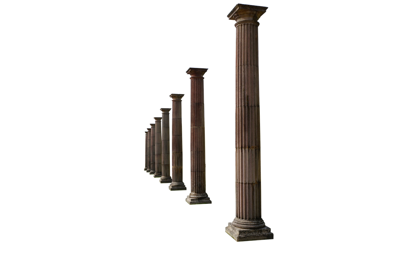 a row of stone columns isolated on a black background. the columns are vertical and ancient, with a decorative facade. the perspective makes the columns appear to recede into the distance.
