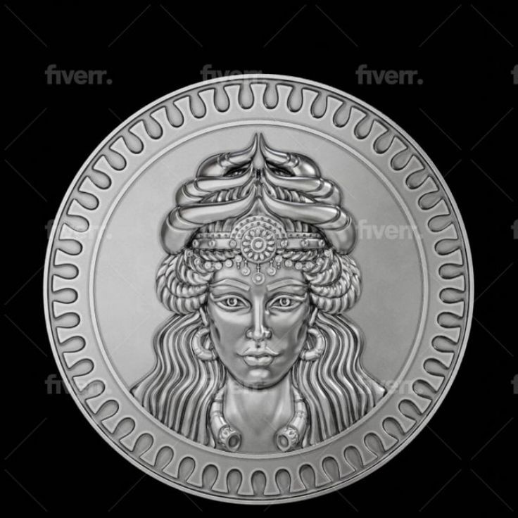 a silver coin or medallion featuring a relief image of a woman with ornate jewelry and a headdress is centered on a black background. the edge of the coin is decorated with a repeating wavelike pattern. the image is branded with "fiverr." watermarks.