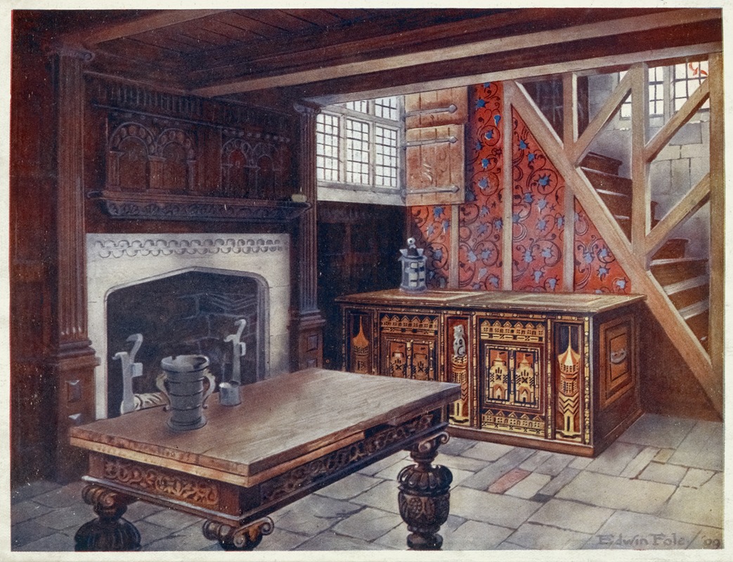 a watercolor painting depicts a wellappointed room. dominating the left side is a large fireplace with detailed carvings above. a wooden table sits in front of the fireplace, with a pitcher and cup on top. to the right, a dresser with ornate designs stands against a wall covered in a red and blue patterned wallpaper. a wooden staircase leads to an upper level, and a window provides natural light. the room has wooden beams on the ceiling and a tiled floor. the overall style suggests a historical or antique setting.