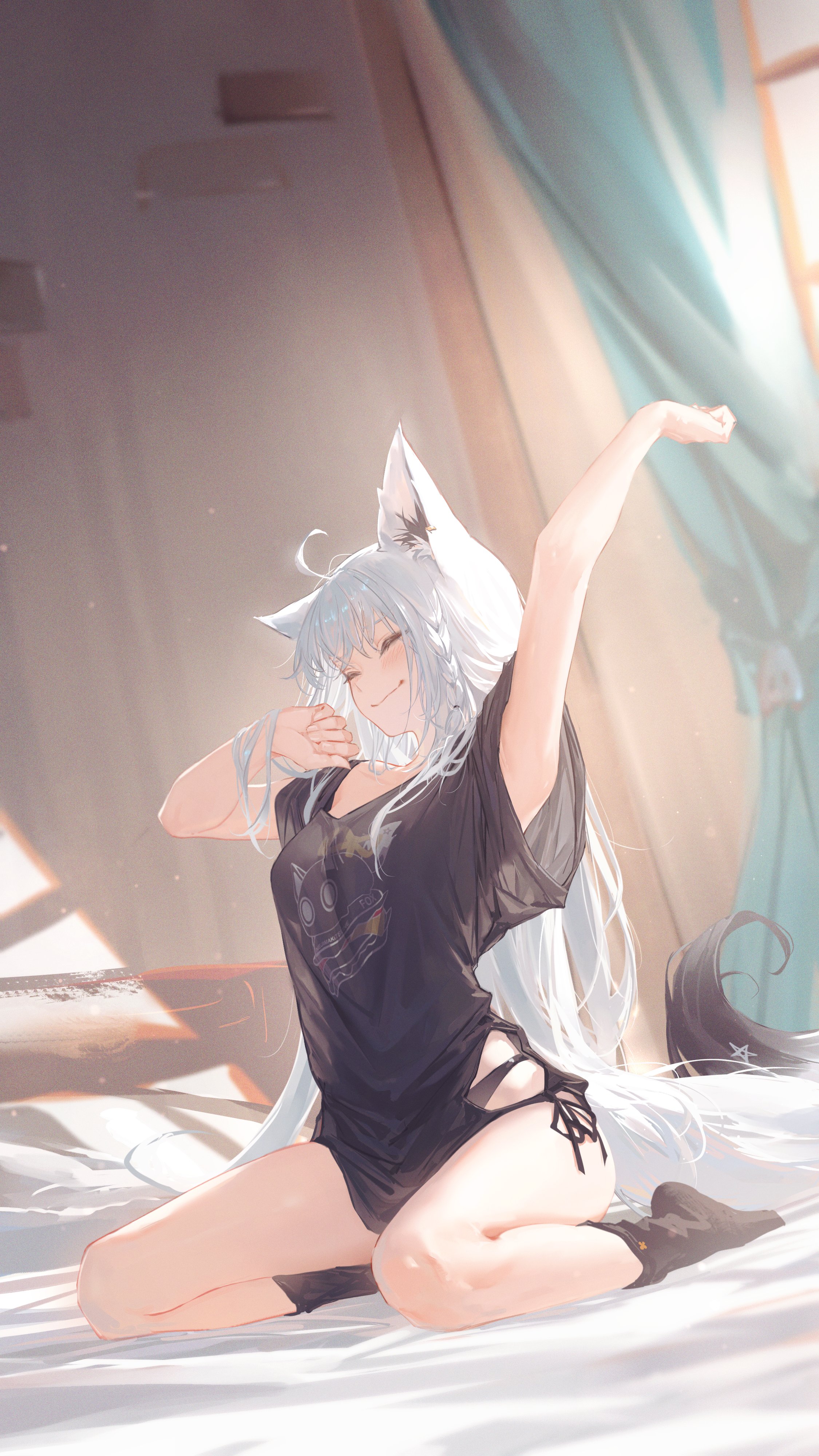 the image is a digital painting of an animestyle female character. she has long, flowing white hair and cat ears, suggesting a "neko" character design. she's depicted waking up and stretching in bed, wearing an oversized black shirt that reveals some skin and black lingerie.  the setting is a bright bedroom with soft, pastel colors and sunlight streaming in. the overall style is soft, cute, and suggestive of a peaceful morning.  the artistic style is highly detailed and polished, typical of modern digital anime art.