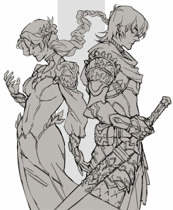 this is a drawing of a female princess wearing a dress and a male warrior wearing armor. the princess has her hair braided and is holding her hand up in the air while the warrior is holding a sword in his right hand. the warrior is standing behind the princess, and both are looking at the same direction. the drawing is done in black and white and looks like a sketch.