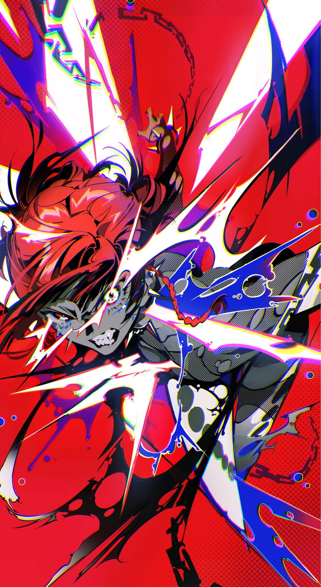 a vibrant and energetic digital illustration of an anime girl with red hair and a black outfit, striking a powerful pose as she attacks with a glowing white energy weapon. the image is dominated by red, white, and black colors, with splashes of blue. sharp lines and abstract shapes add a dynamic and chaotic feel to the composition.