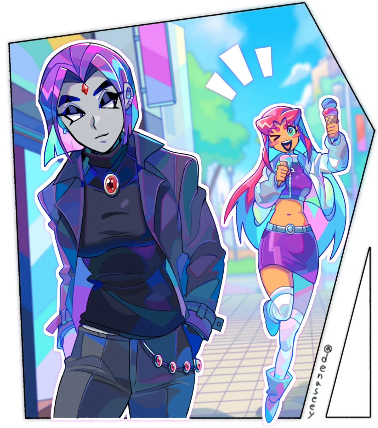 an animestyle fan art image depicting raven and starfire from teen titans. raven is on the left, wearing a black coat, shirt, and pants with a red gem necklace and a chain with red gems hanging from her belt. starfire is on the right, holding an ice cream cone and wearing a purple skirt, tank top, and a white jacket. she is winking and has a happy expression. they are standing on a city street with buildings in the background.