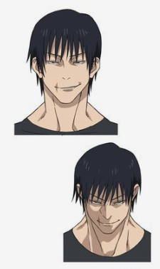 this image shows two variations of the same character’s head and shoulders. the man depicted has short, black hair and a muscular build. he is smirking slightly, which gives him a menacing look. the background is plain white.