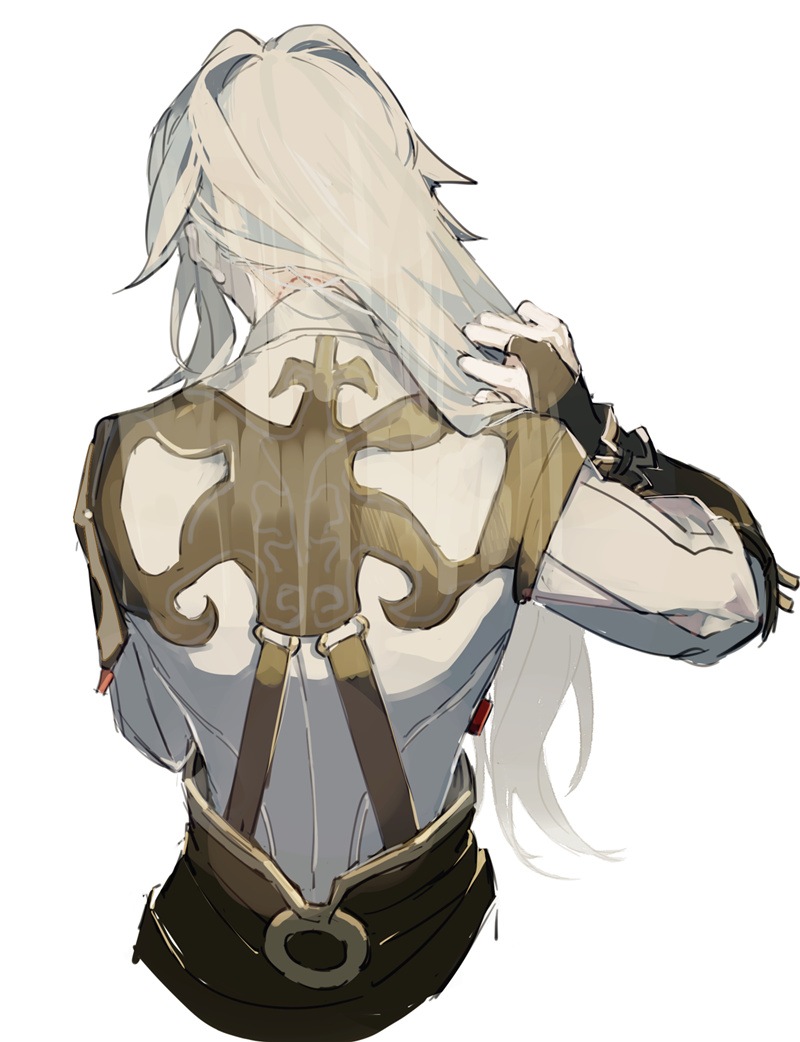 an anime character, a man with long white hair with a long braid hanging down his back, is wearing a brown belt with a large circular buckle. his outfit features a brown design around his shoulders and upper back. he has several scars on his neck, which are visible due to his hair being pulled back from his neck and shoulders. the character appears to be holding his hair up, possibly for a reason related to his scars. the illustration is done in an anime style with a soft and flowing design.  the background is white.