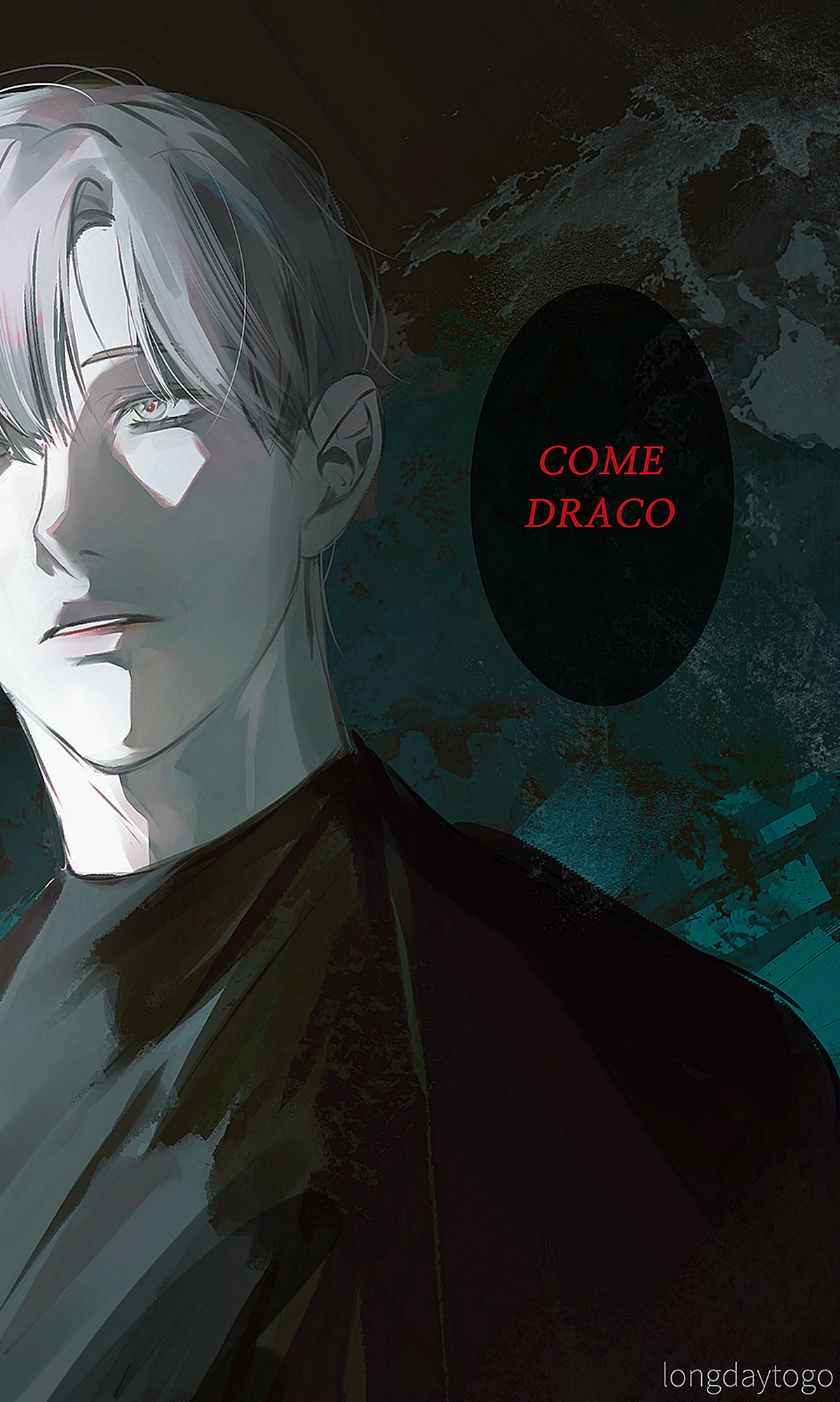 the image is a stylized digital painting or illustration in the style of anime or manga. it depicts a closeup portrait of a young man with pale skin and long, slightly tousled grey or white hair. his expression is serious and somewhat melancholic. he is wearing dark, elegant clothing that covers most of his body.  the background is dark and abstract, with teal and black tones suggesting a moody, possibly mysterious atmosphere. there's a circular element in the background with the text "come draco" in red, hinting at a possible title or message. the artist's signature, "longdaytogo," is visible in the bottom right corner. the overall style is characterized by soft shading and a focus on capturing emotion through subtle details in the character's face and posture.