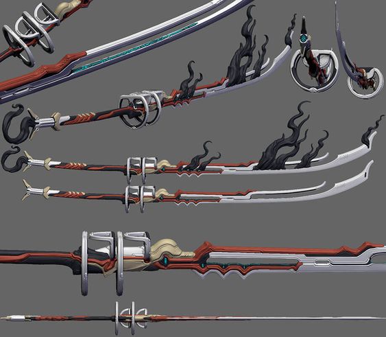 the image showcases a detailed digital painting of a fantasy sword, rendered from multiple perspectives. the weapon boasts a sleek, futuristic design with intricate details, incorporating elements of red and black, hinting at a fiery motif.  the studio lighting accentuates the weapon's sharp edges and gleaming surfaces.
