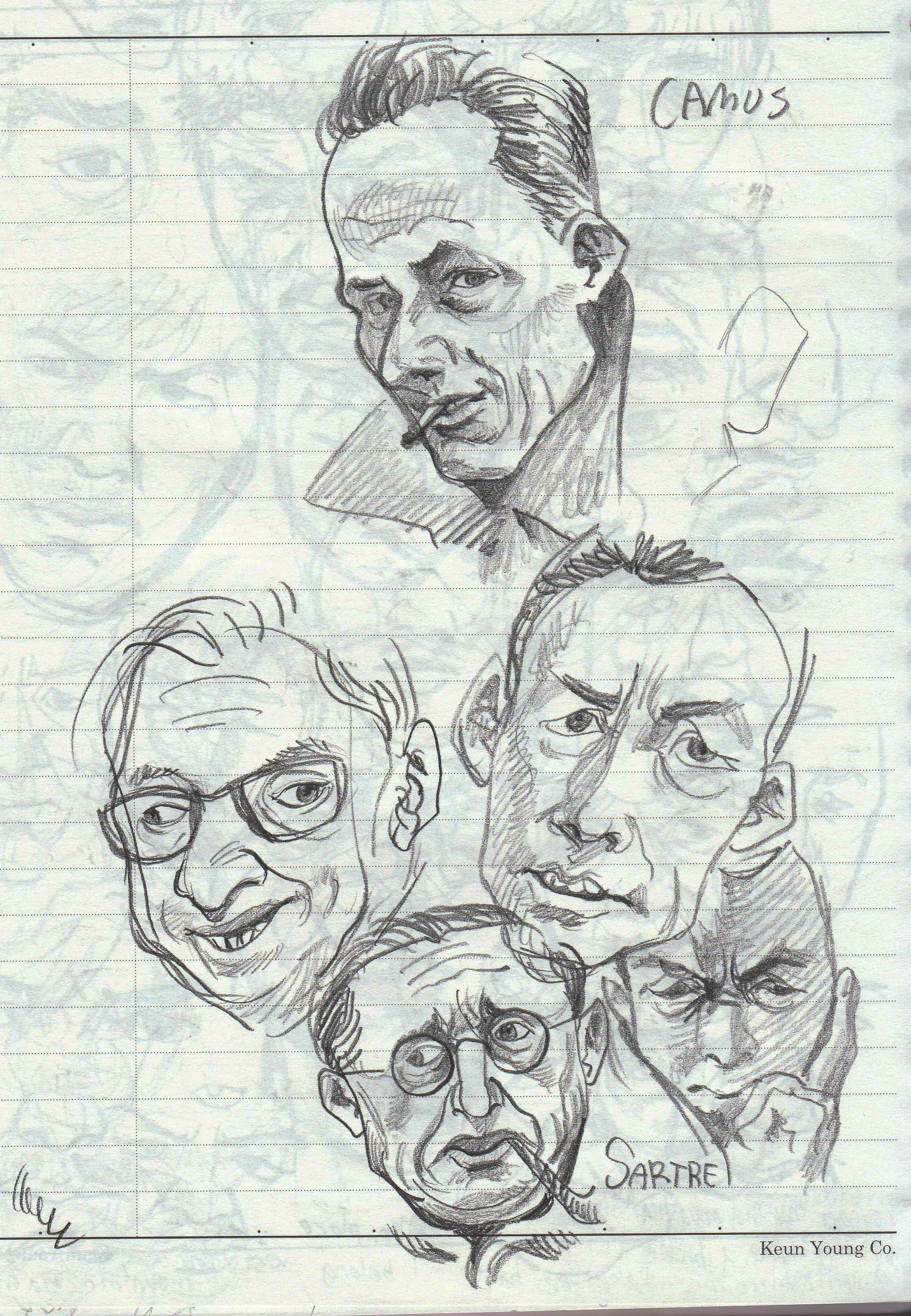 a notebook page with a drawing of four famous men,  camus and sartre, and two other unidentified men.  the drawing is done in black and white ink, and the paper is lined. the drawing is done in a sketchy style. the people in the drawing look serious and thoughtful. the name camus is written above his portrait and the name sartre is written below his portrait.  there is a  handwritten caption at the bottom right, "keun young co."