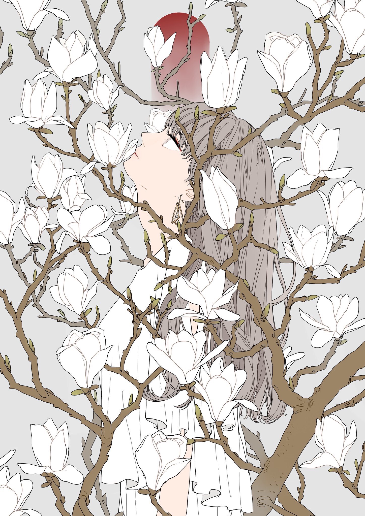 the image is an illustration of a woman standing amidst a magnolia tree. she is dressed in a white dress and is looking up towards a red circle, which could be interpreted as the sun or moon. the tree's branches are adorned with white magnolia flowers, which surround the woman. the color scheme is predominantly white, grey, and light brown, with a contrasting red circle in the background.