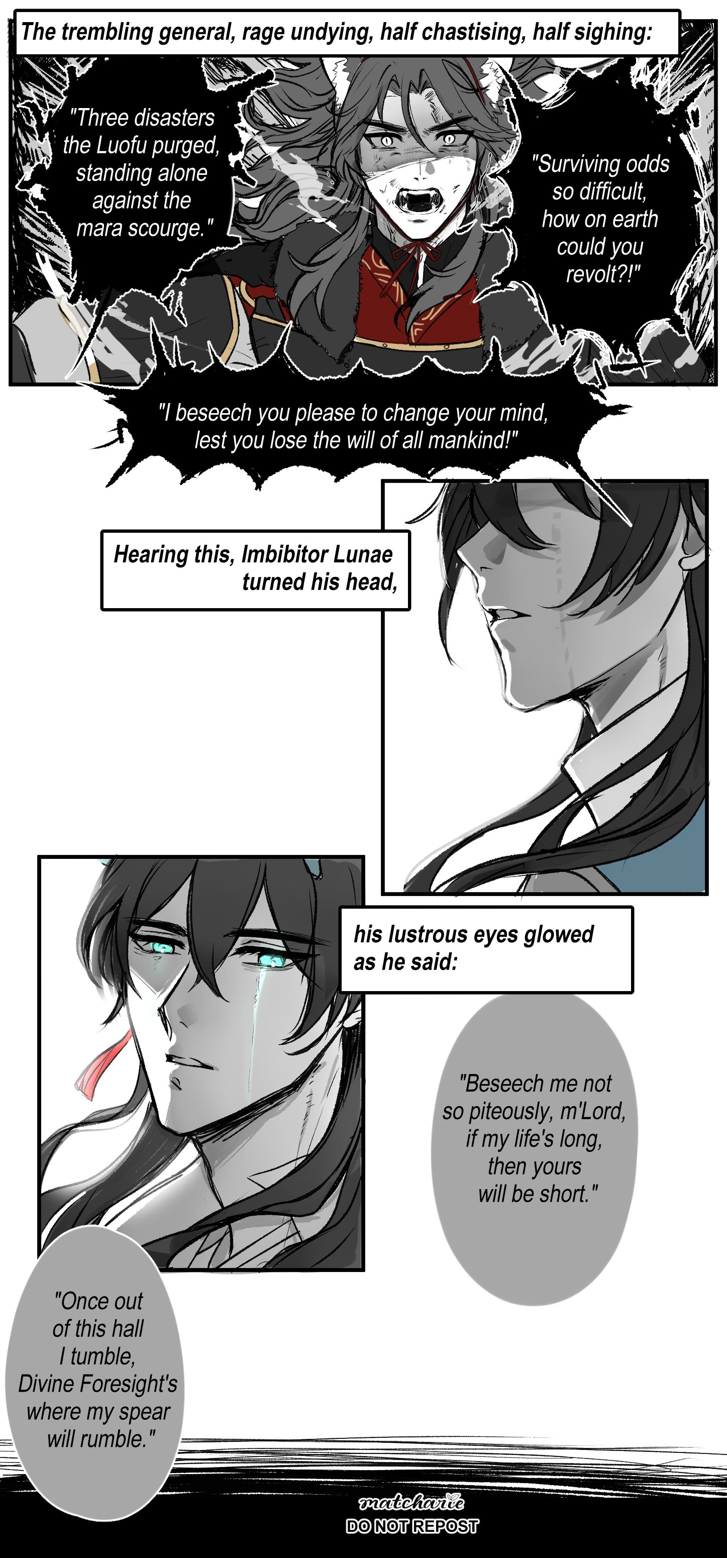 the image is from a chinese webcomic. it depicts a scene where a character named imbibitor lunae is talking to a powerful being, possibly a demon or a god. the being has a red cape and robe and seems to have a scar on its forehead. it is speaking to imbibitor lunae, and it appears they are having a tense conversation. imbibitor lunae is talking about a situation where his spear will rumble, possibly referring to a battle or fight. the being seems to be threatening him, saying if he lives a long life, imbibitor lunae's life will be short.