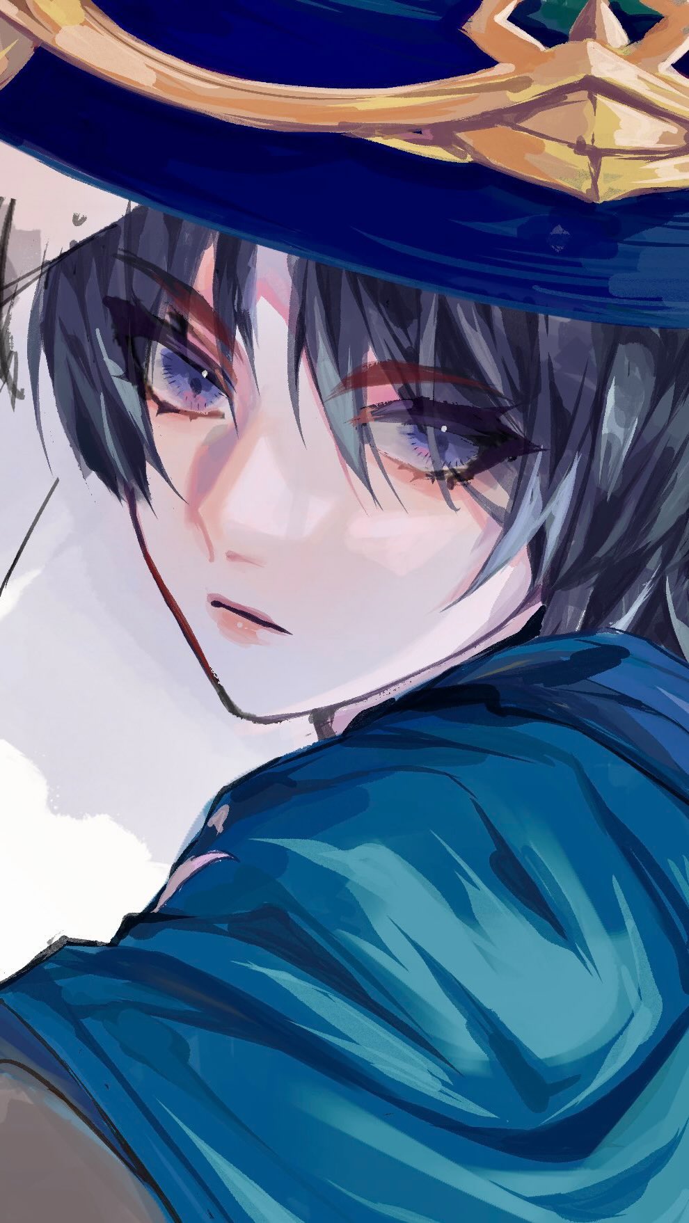 a closeup digital painting of an animestyle girl.  she has dark hair partially hidden under a large blue hat with gold accents. she wears a teal cloak that drapes dramatically around her shoulders. her expression is soft, almost pensive, and her eyes are large and expressive. the art style is painterly and slightly whimsical, with a focus on soft lines and colors. the overall mood is serene yet mysterious.