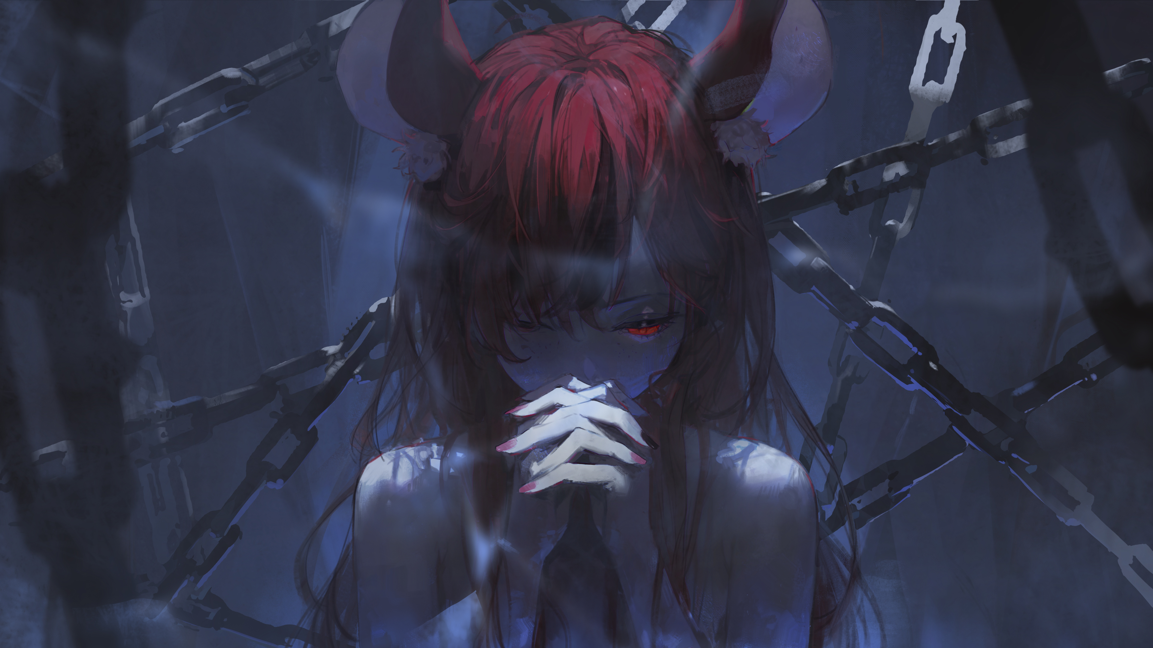 a digital illustration of an anime girl with red hair and horns, trapped in chains and crying. the background is dark blue and shadowy, and the girl appears to be praying or begging for help.