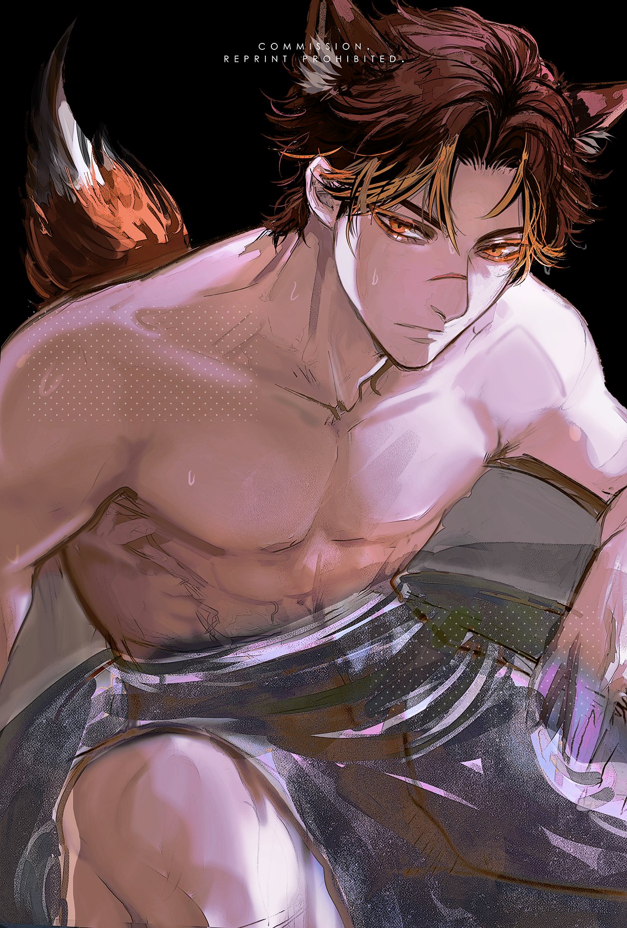 a digital illustration of a shirtless anime male with fox ears and a fluffy orange fox tail. he is sitting and looking at the viewer with a serious expression.  he is attractive and muscular.  the drawing has a soft and dreamy aesthetic.