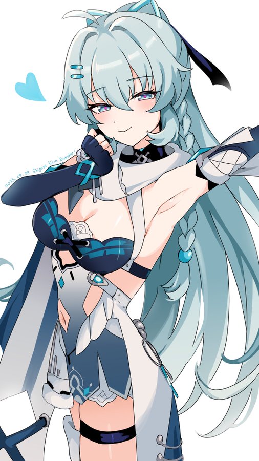 a beautiful anime girl with long blue hair and blue eyes is smiling. she is wearing a white outfit with blue accents. there is a heart to the left of her. this is a drawing, or illustration.