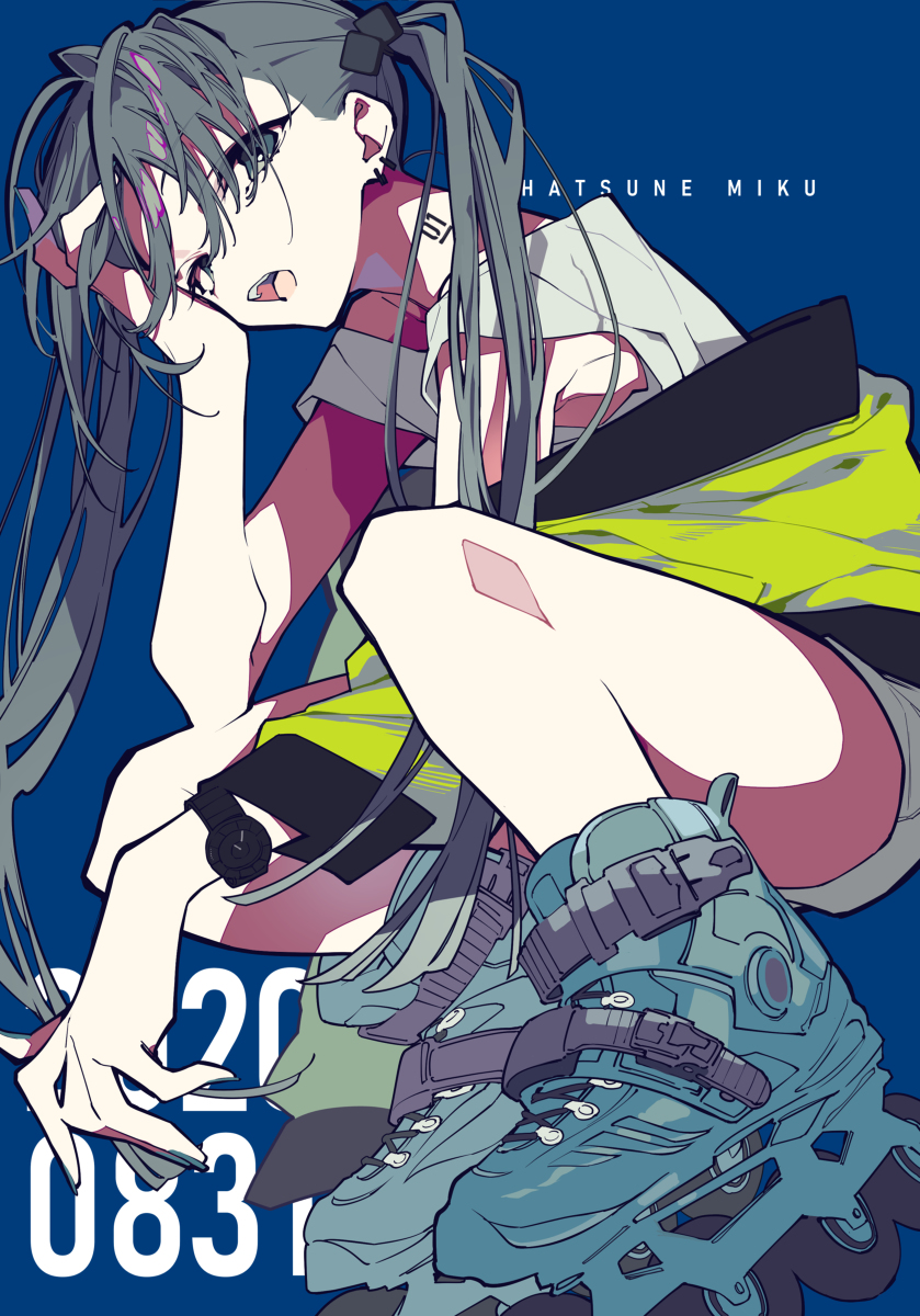 the image is a digital illustration of anime character hatsune miku wearing roller skates. she has gray hair styled in pigtails, and is wearing a hoodie. she also has a wristwatch on her left wrist. the background is blue, and there are the numbers "20" and "0831" in the lower left corner.