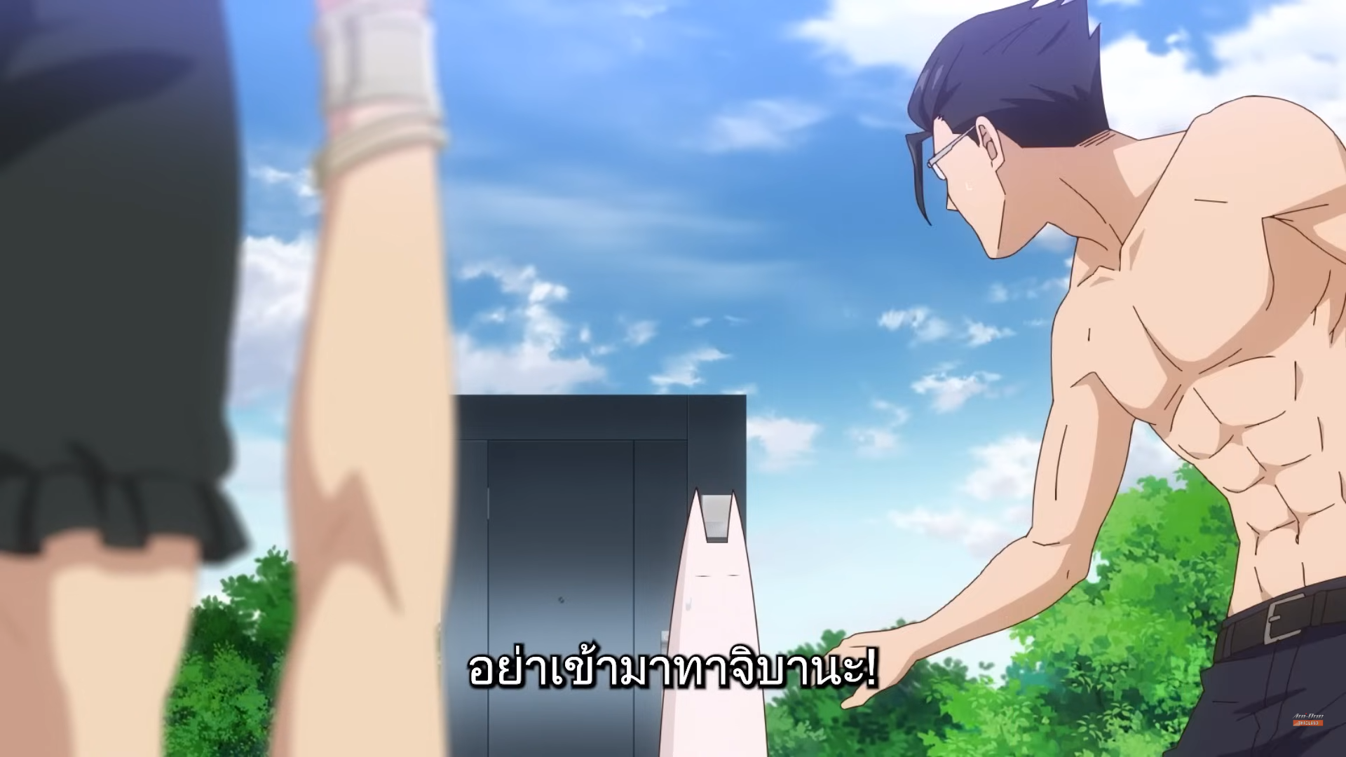 a screenshot from an anime, showing a shirtless, muscular man with black hair and glasses reaching for what appears to be an elevator button. only his side profile and torso are visible. in the foreground, a woman's legs are visible, suggesting she is facing away from the man and towards the viewer. the background depicts a bright blue sky with fluffy white clouds and the side of a building. the overall scene is humorous due to the man's exaggerated physique and the suggestive positioning of the woman's legs.