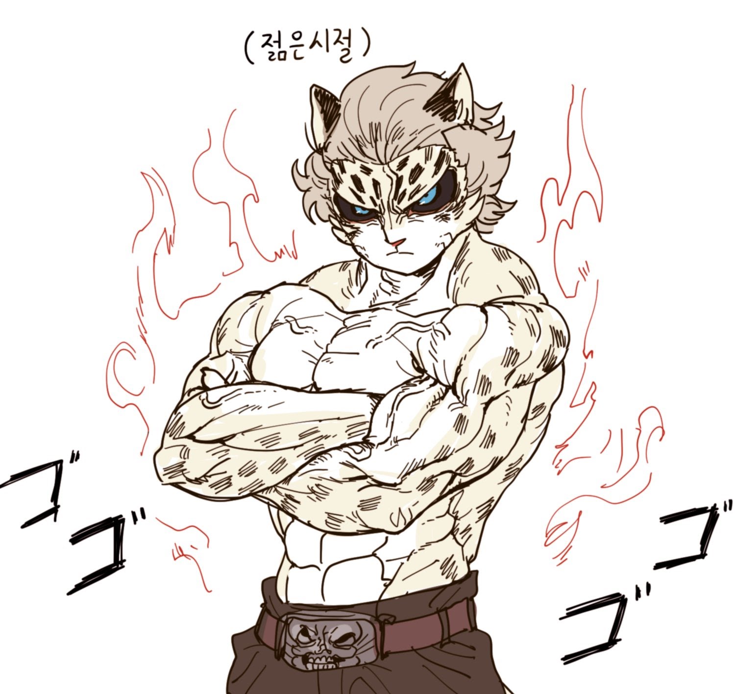 this is a digital illustration of an anime character with a snow leopard head, human body and muscular physique. the character has a fierce expression and appears to be ready for battle. his right arm is crossed over his left with his fists clenched, and he is wearing a belt with a skull buckle. the character is surrounded by smoke and fire. the overall image is a powerful portrayal of a fierce warrior.