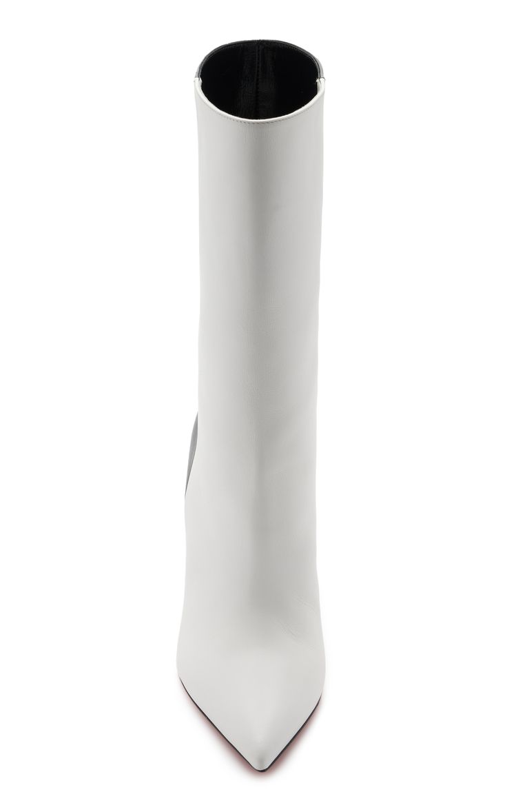 the image shows a pair of women's white leather ankle boots with a pointed toe and high heels. the boots are a minimalist design, with a clean white upper and a black topline. the boots are shown from a front view, and the background is white.