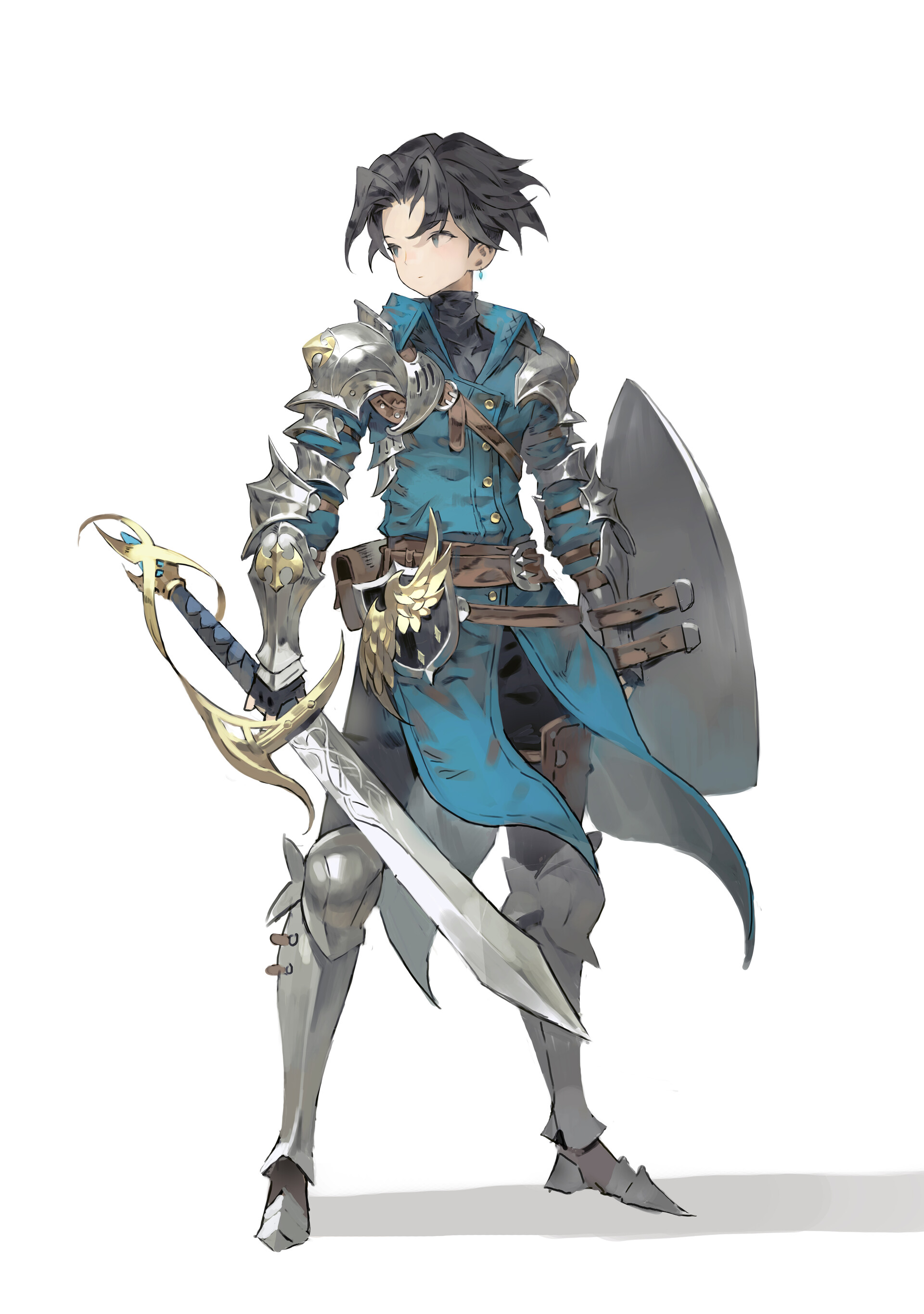 a fullbody illustration of a young male character dressed in light armor, holding a sword and shield. he has short, dark hair and wears a blue coat over his armor. his armor appears to be a combination of metal and leather, with intricate details. the sword has a decorative hilt, and the shield is plain and grey. the character appears to be in a fantasy or medieval setting.