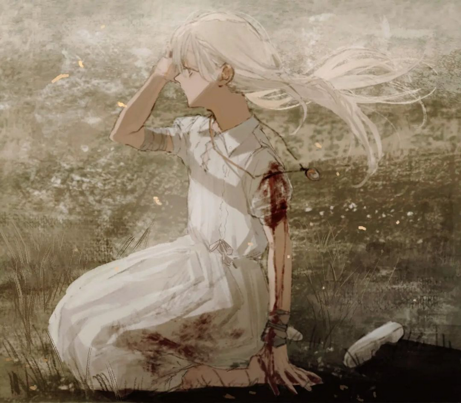 a digital painting of an anime girl in a white dress sitting in a grassy field. she has blood on her arm and appears to be wounded. she has a sad expression on her face. the painting has a painterly style and appears to be inspired by anime.
