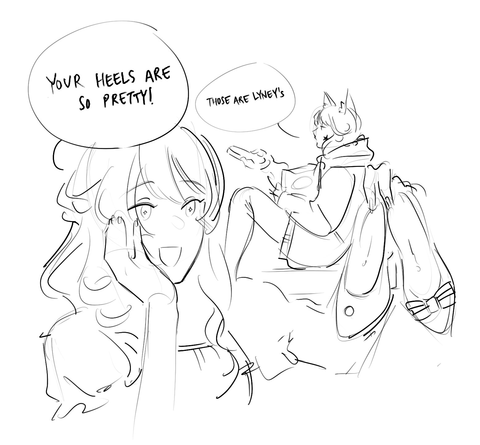 a black and white sketch of a couple flirting. the woman is flattered by the man's compliment on her heels. she is blushing and smiling, while he sits nearby, gesturing towards her shoes.