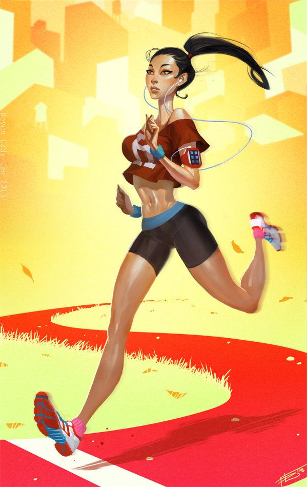 a cartoon illustration depicts a woman running in an urban setting. she is wearing athletic attire including a red sports bra, black shorts with a blue band, and running shoes. her hair is styled in a ponytail and she has headphones on with an mp3 player strapped to her arm. the background shows a stylized cityscape with yellow and orange hues, while the woman runs along a red and white striped path.