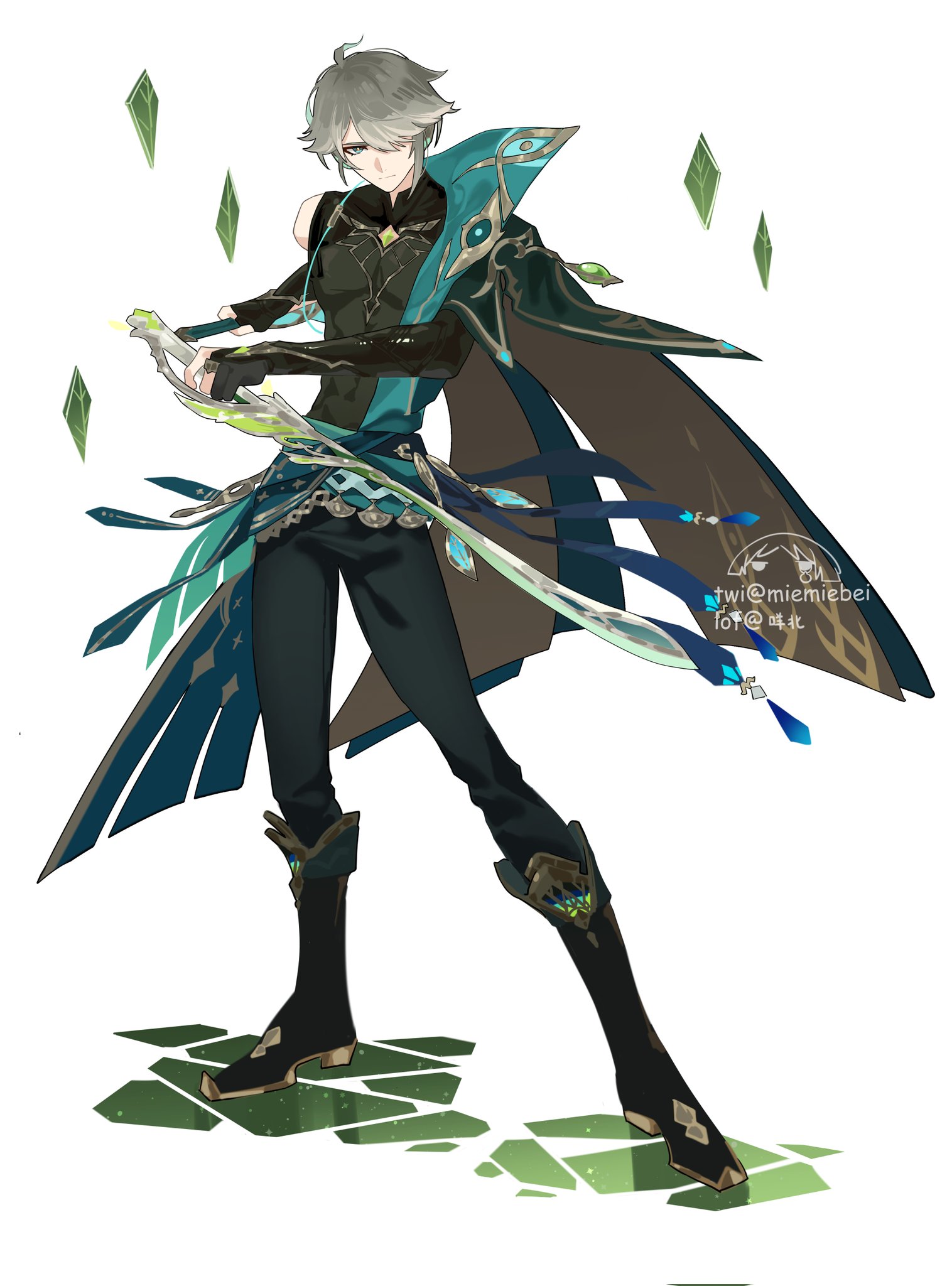 a digital illustration of the anime character albedo from genshin impact. he is dressed in his blue and black, decorated attire and holds a sword.