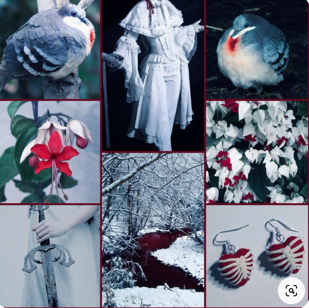 this image is a mood board or aesthetic collage comprised of nine smaller images.  the images feature a variety of elements, including a woman in a white victorianstyle dress and corset, snowy winter scenes, red and white flowers, grey birds with red accents, a sword, and heartshaped earrings with a ribcage design. the overall color palette is predominantly white, grey, red, and dark burgundy.  the style is dark, gothic, and romantic.