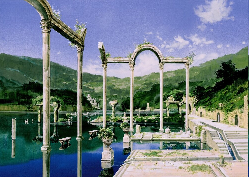 this image showcases the weathered beauty of ancient ruins. tall, slender pillars, some broken, stand in a pool of clear blue water, their reflections mirroring them perfectly. intricate archways and remnants of walls hint at the grandeur of the structure in its prime. lush green vegetation surrounds the ruins, reclaiming the space with vibrant life. a clear blue sky with fluffy white clouds completes the scene, bathing the ruins in a warm, natural light. the overall ambiance is one of tranquility and a touch of melancholy, inviting contemplation on the passage of time.
