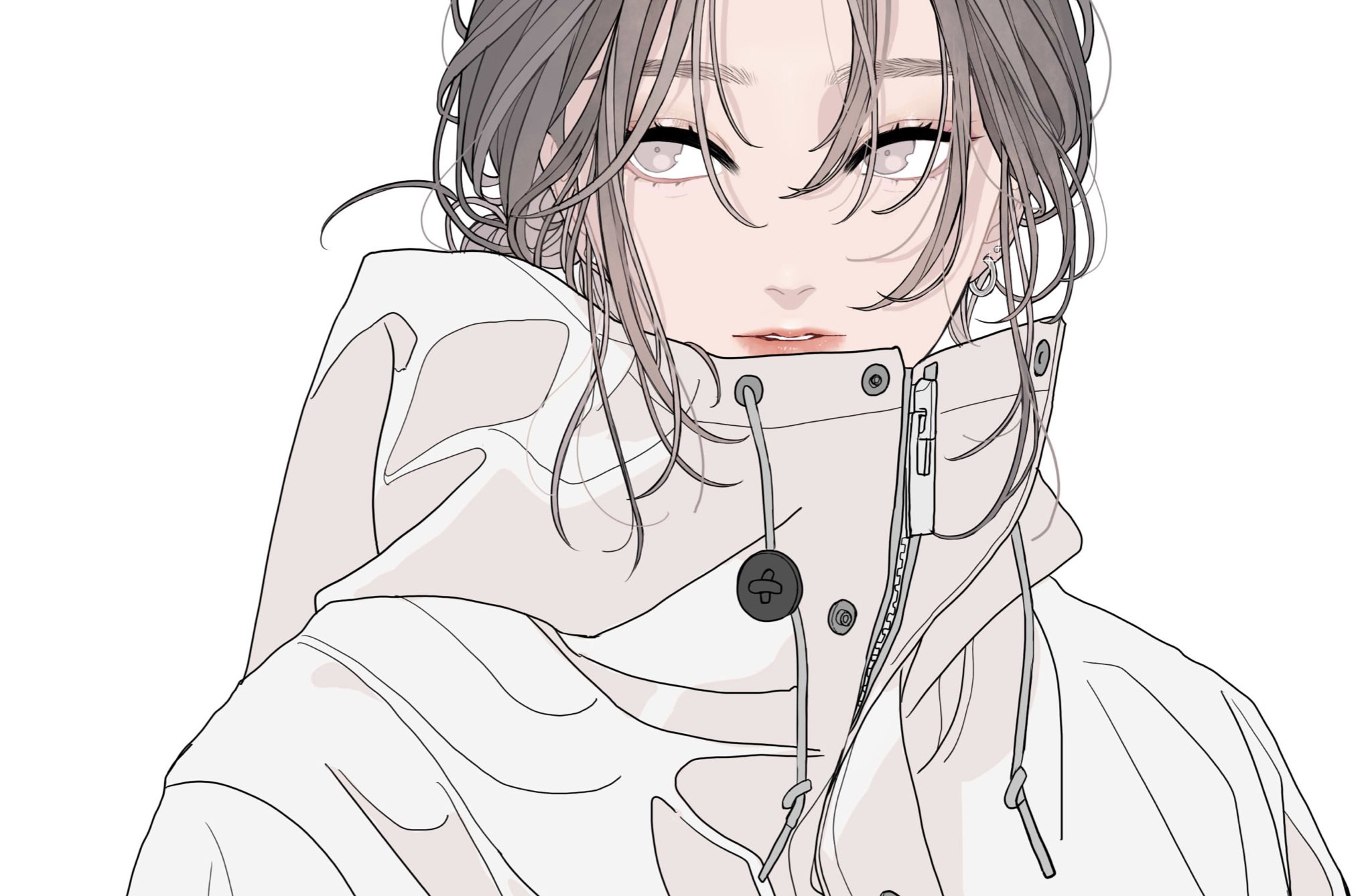 an animestyle drawing of a young woman wearing a white jacket with a hood. the jacket is partially zipped up, revealing the collar. the woman has light grey hair and light eyes. she has a fair complexion and pink lips. the background is plain white.